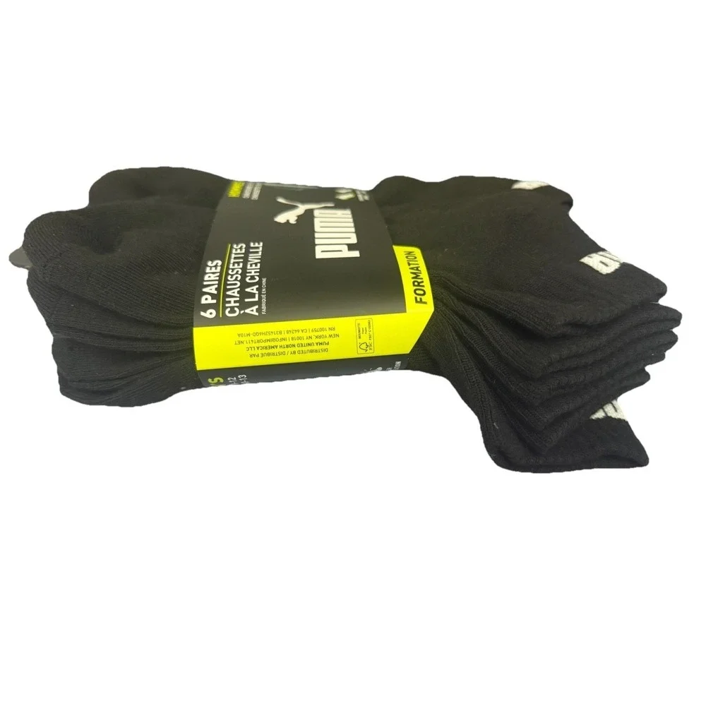 Puma Men's Training Cushioned Black Socks 6 Pairs Quarter‎ Crew Size 10-13 New
